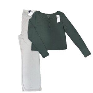 GAP Body Women’s Lounge Sleep Set L Green Top & Gray Pants Ribbed Soft Pajama